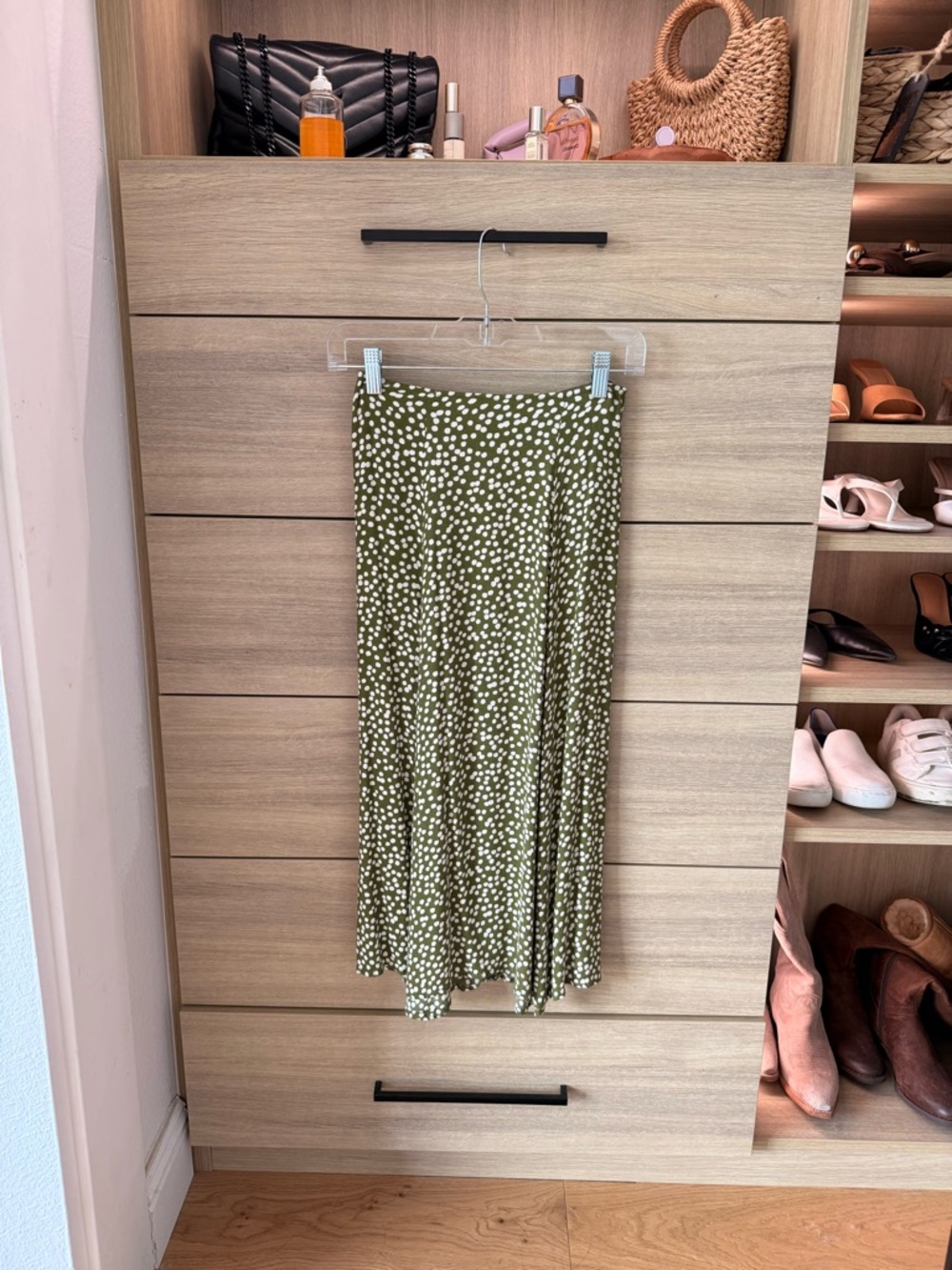 Reformation Olive Green and White Dot Midi Skirt